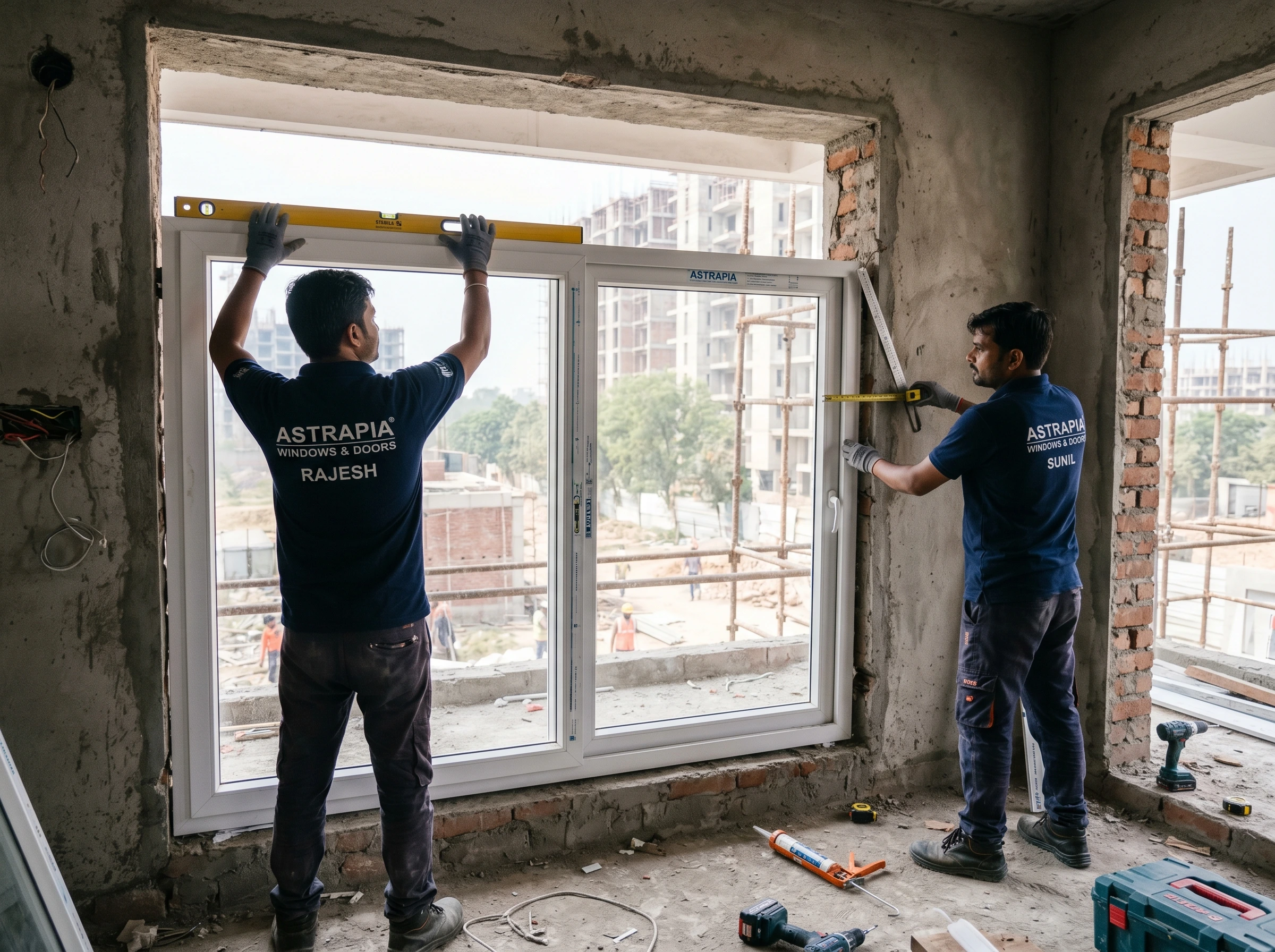 Astrapia team measuring and installing a uPVC window